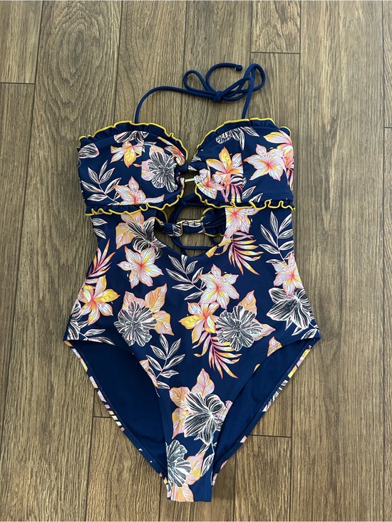 Island Soul Other - Navy Floral One-Piece Swimsuit with Yellow Trim